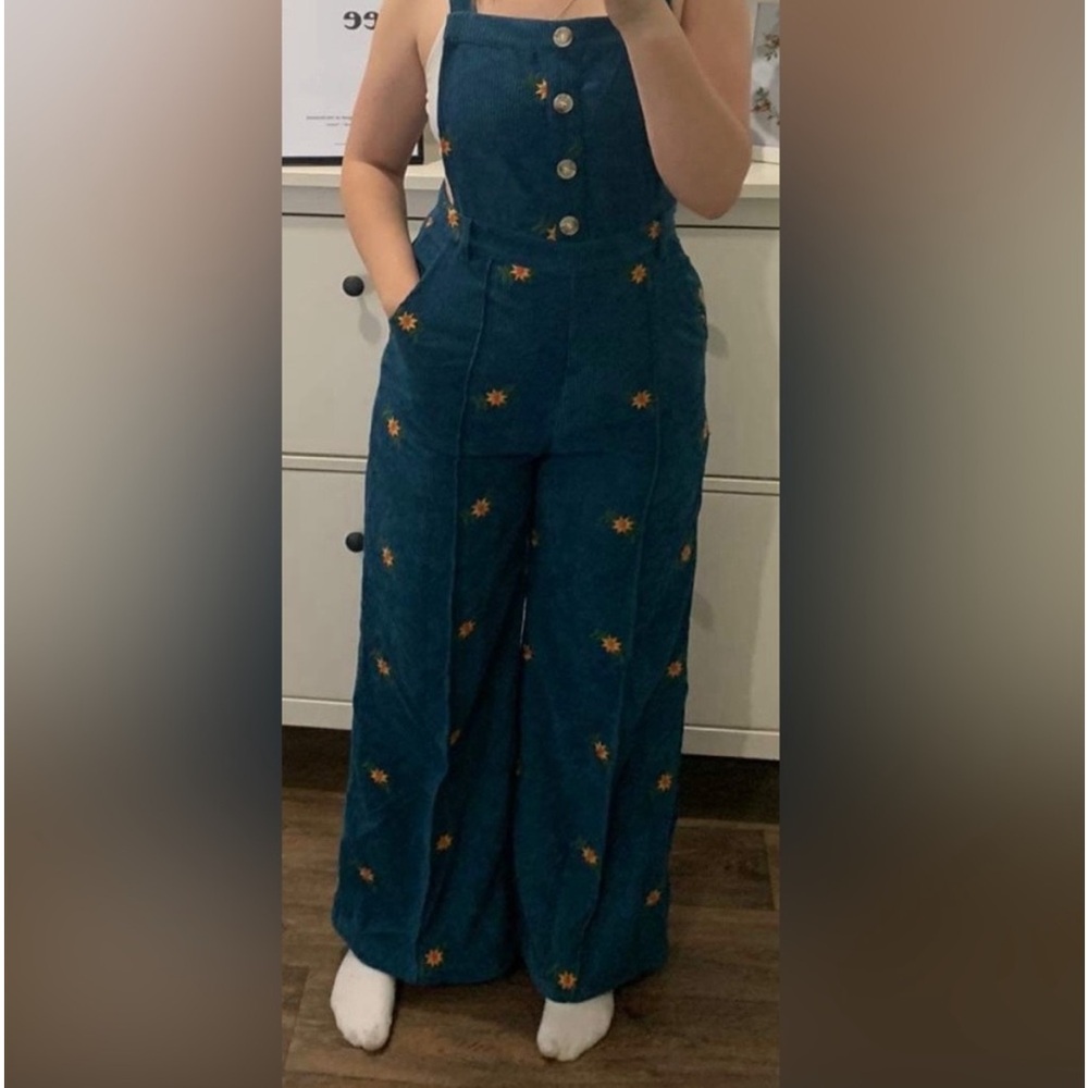 Cider corduroy blue overalls with flower design